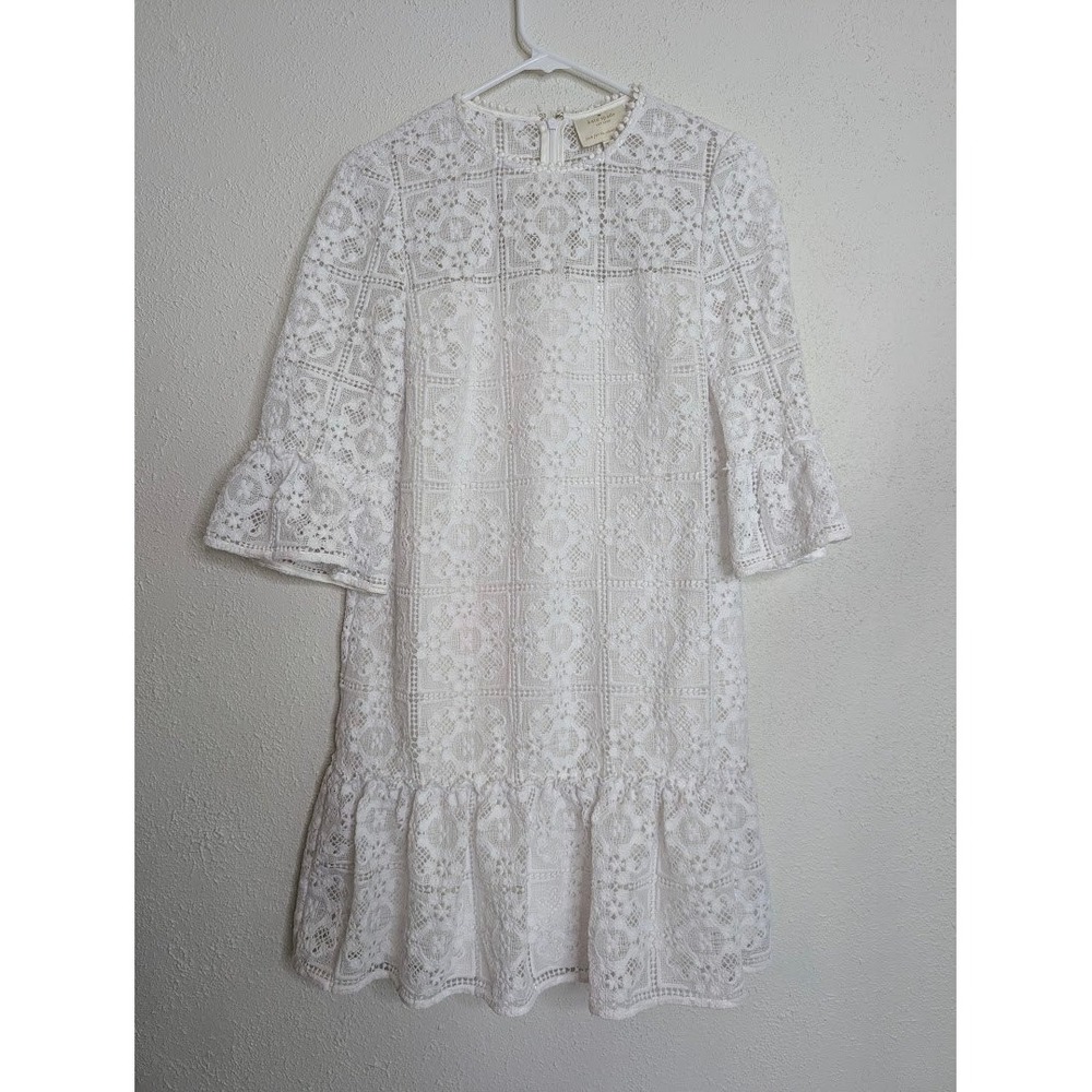 Kate Spade Women White Floral Lace Dress Beach Mini Ruffle Bell Sleeve Boho